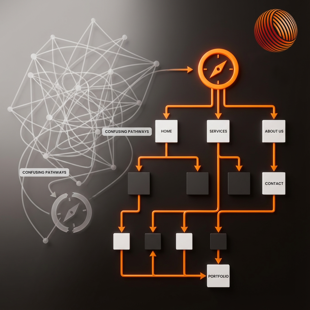 Firefly_Gemini Flash_Clean, clear navigation menu system with logical flow lines connecting sections, one 830452 (1)